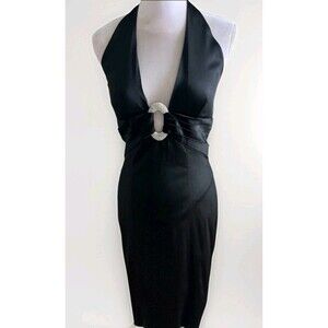 Cache Vintage 90s Satin Halter Dress Black Silk Satin Size 8